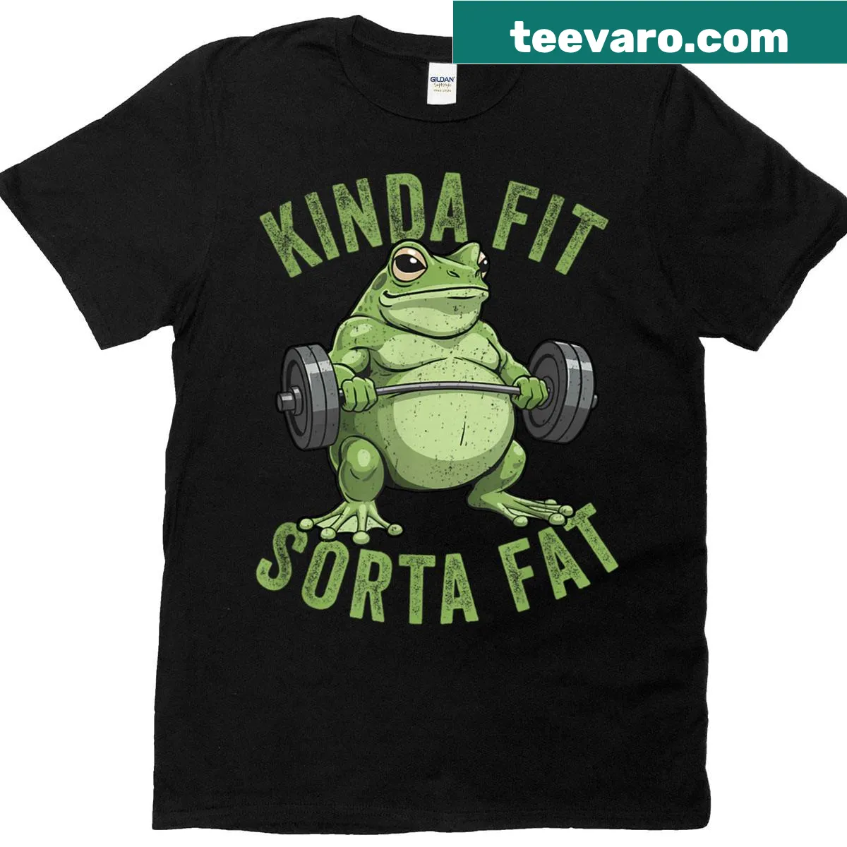 Funny T-shirt with a frog lifting weights and the phrase 'Kinda Fit Sorta Fat' — on a men's t-shirt