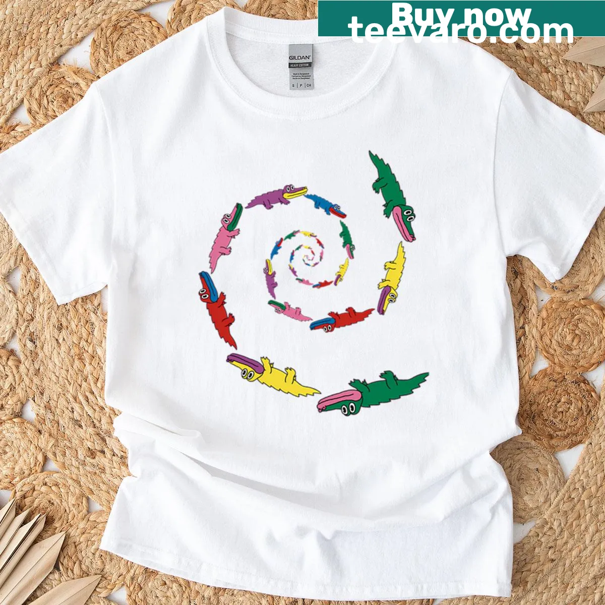 Cartoon graphic t-shirt featuring Spiral Gators design by King Gizzard — on a men's t-shirt