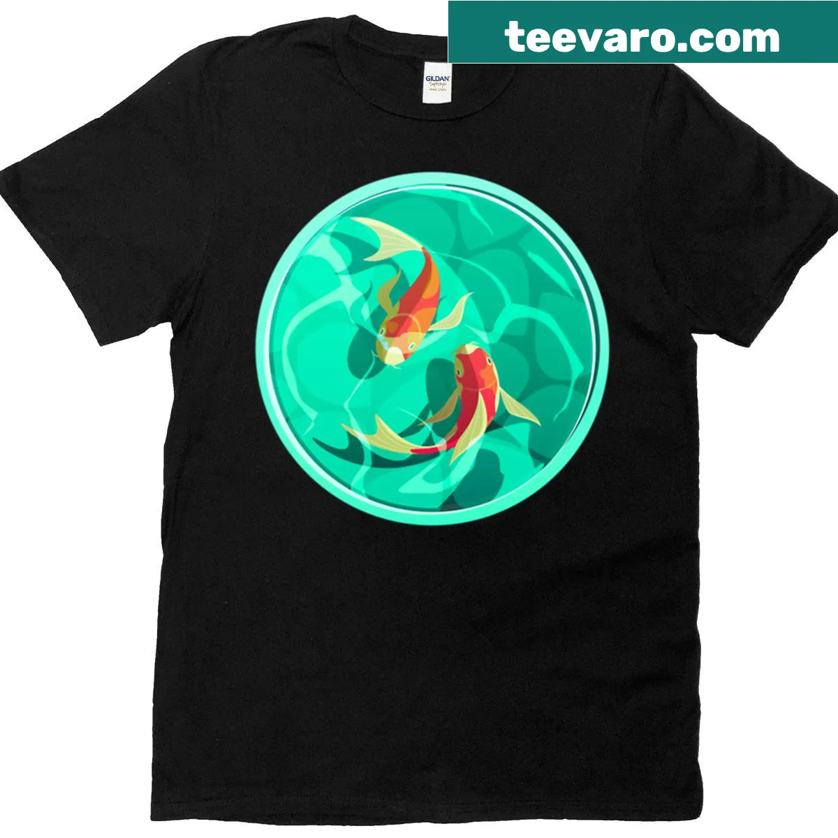 Illustration of koi fish swimming in a circular water bowl. — on a men's t-shirt