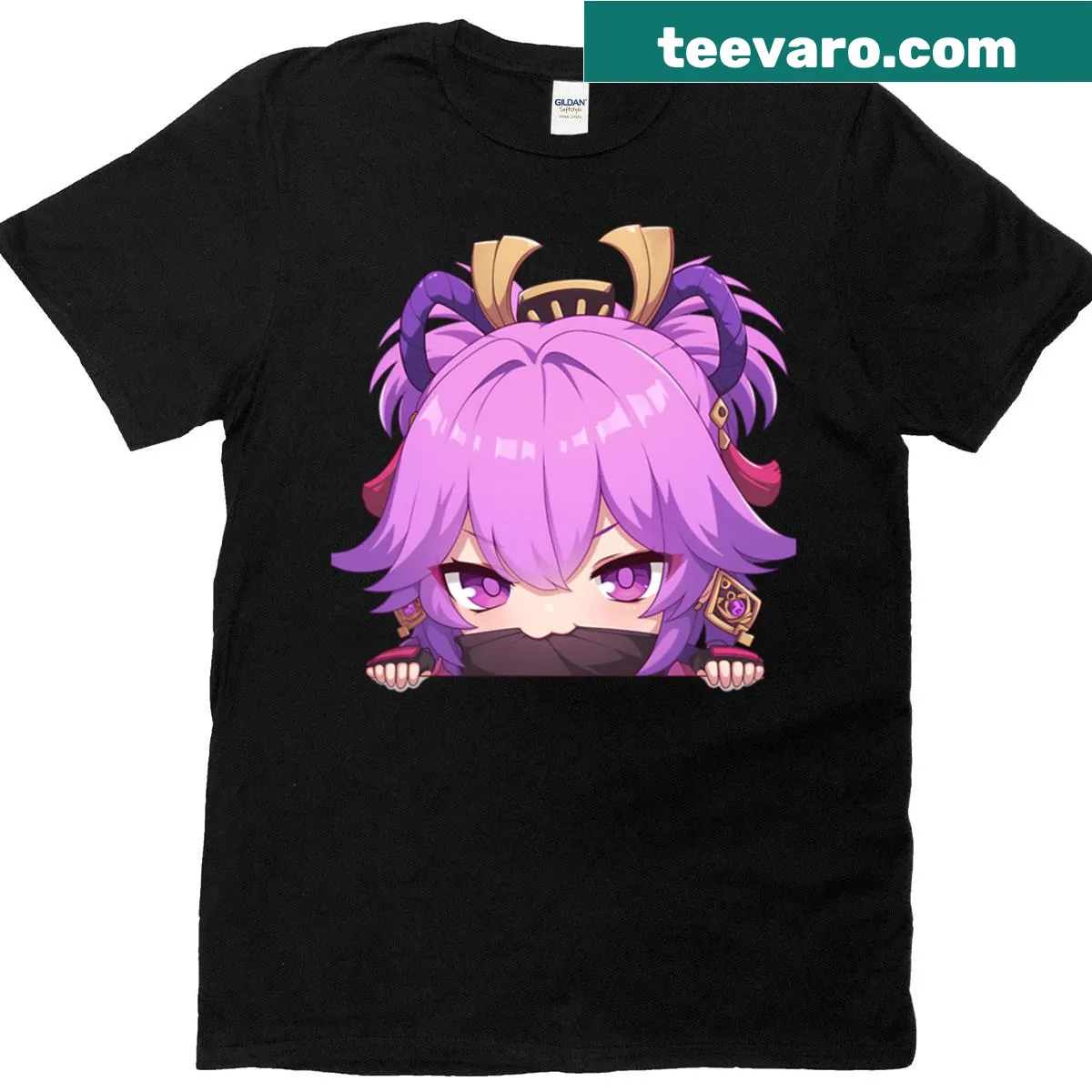 Chibi-style graphic of Kuki Shinobu from Genshin Impact on a T-shirt — on a men's t-shirt