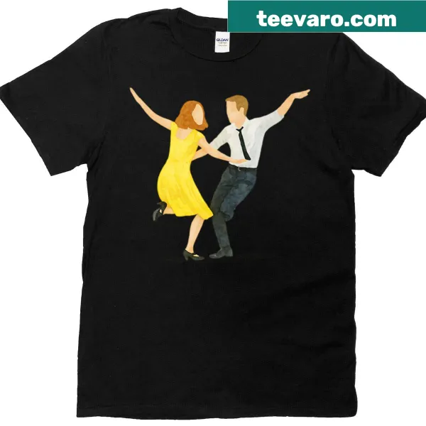Watercolor illustration of a dance scene from La La Land on a T-shirt.