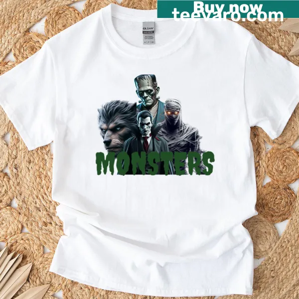 Vintage movie monsters graphic showcasing iconic horror characters