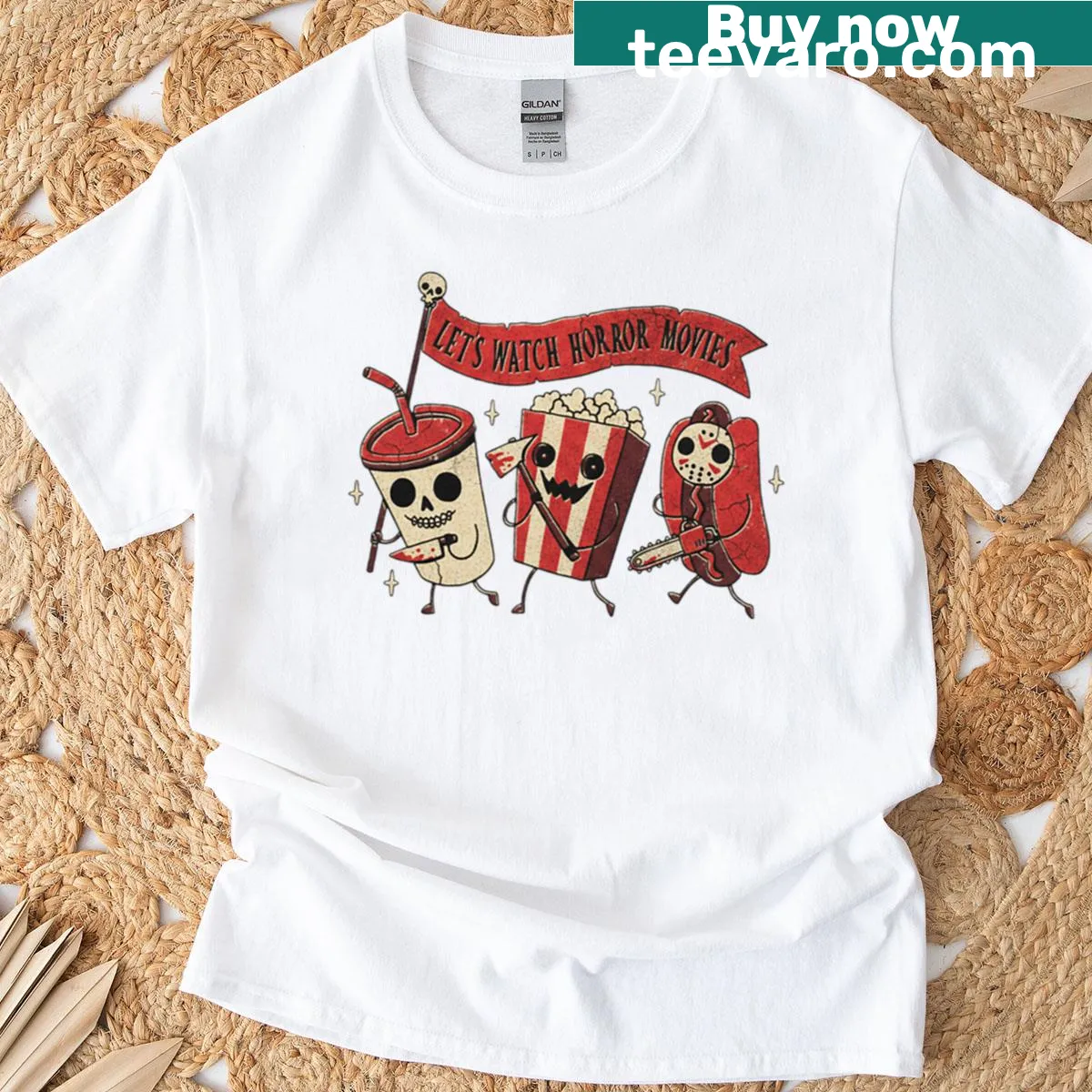 Cute horror movie graphic T-shirt featuring snacks and spooky elements — on a men's t-shirt