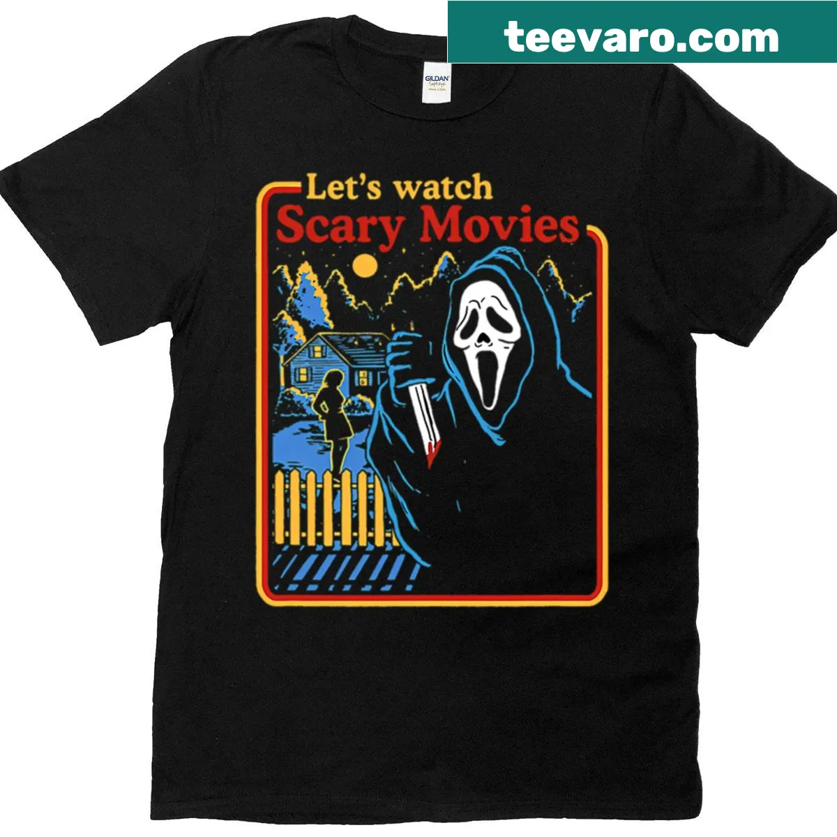 Funny horror-themed shirt with text about watching scary movies — on a men's t-shirt