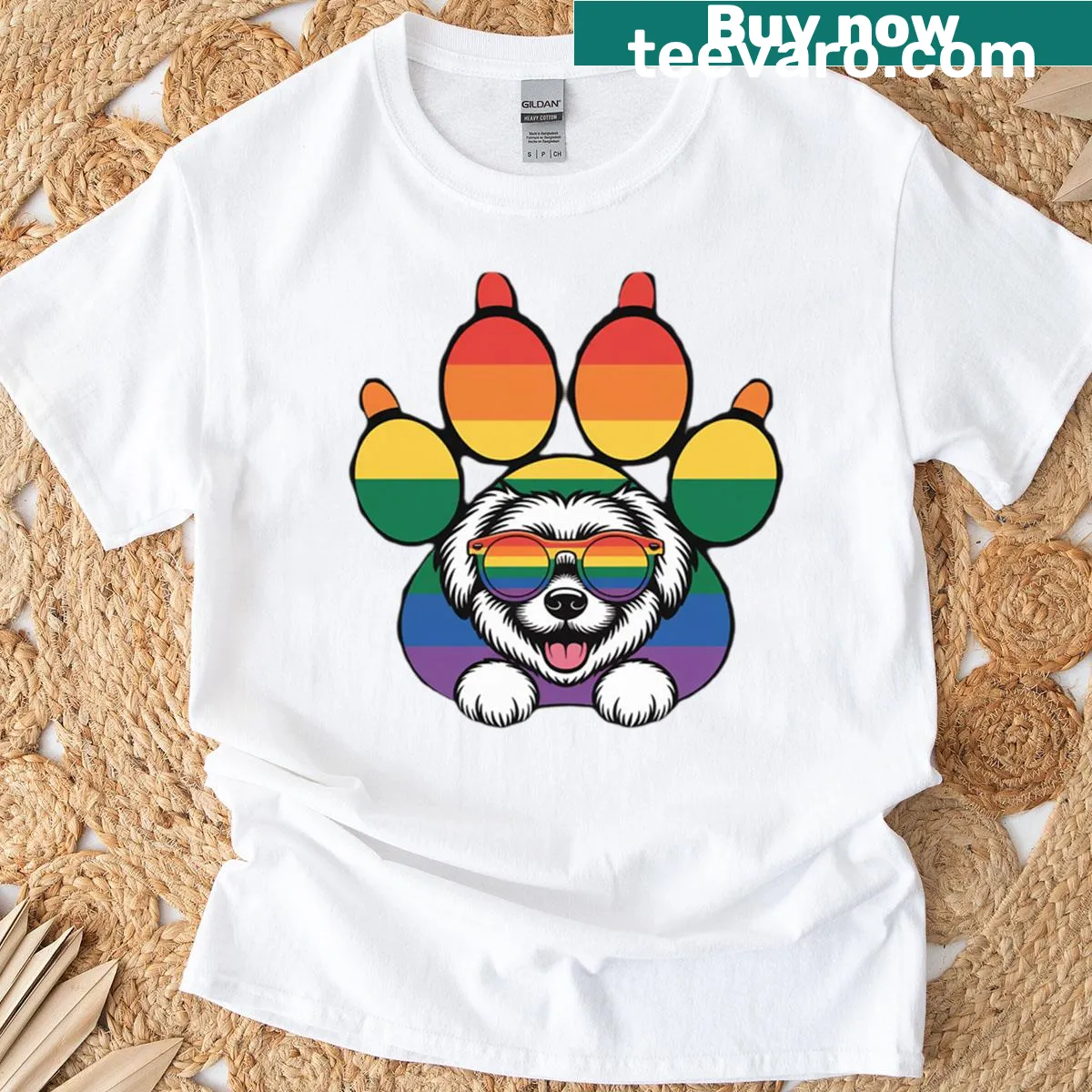 Rainbow paw print with Great Pyrenees design for LGBTQ+ pride. — on a men's t-shirt