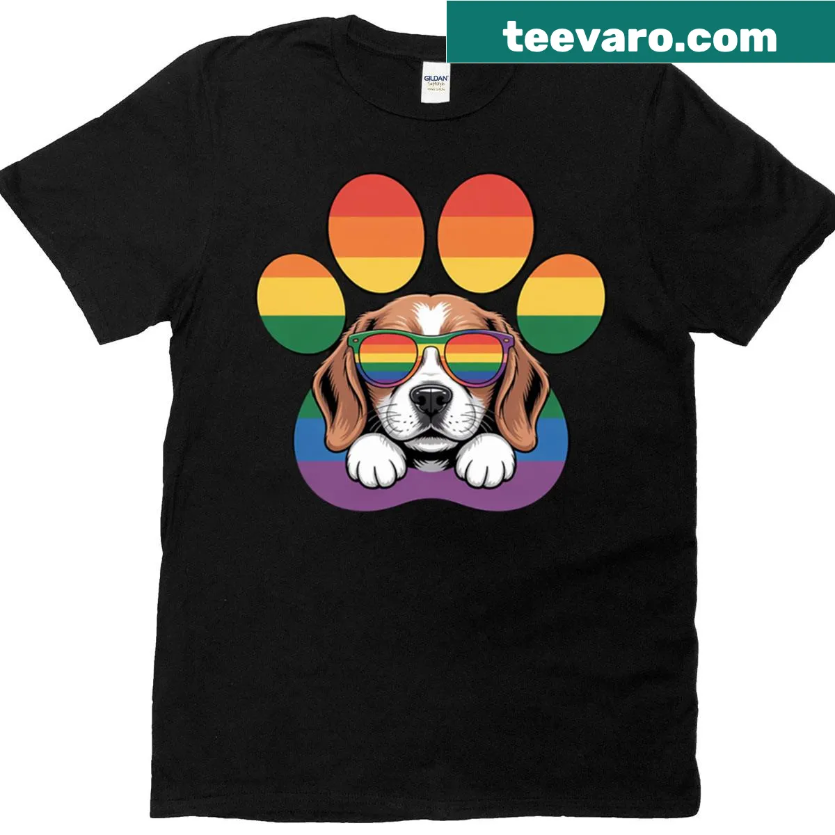 Rainbow paw print with Basset Hound design for LGBT Pride — on a men's t-shirt