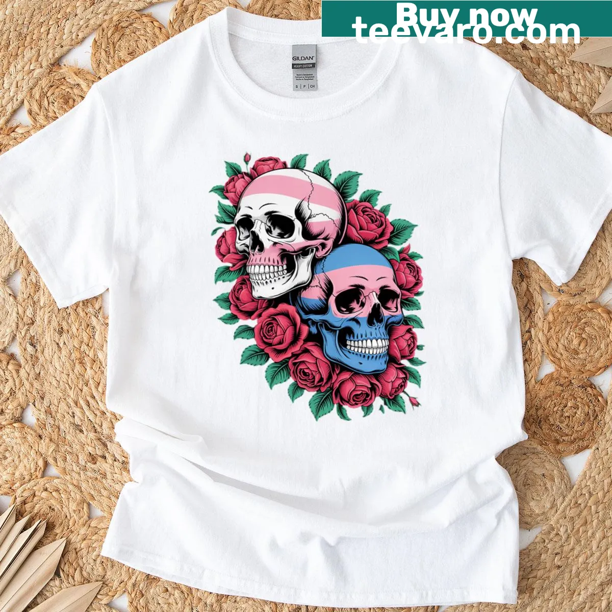 Transgender pride t-shirt with a skull and roses design — on a men's t-shirt