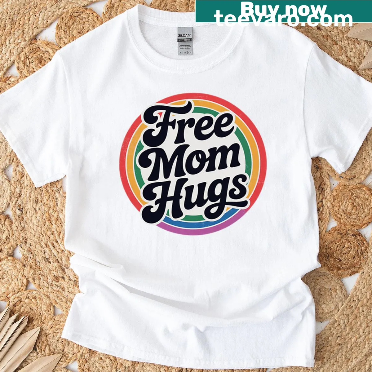 Rainbow themed typography t-shirt with 'Free Mom Hugs' text — on a men's t-shirt