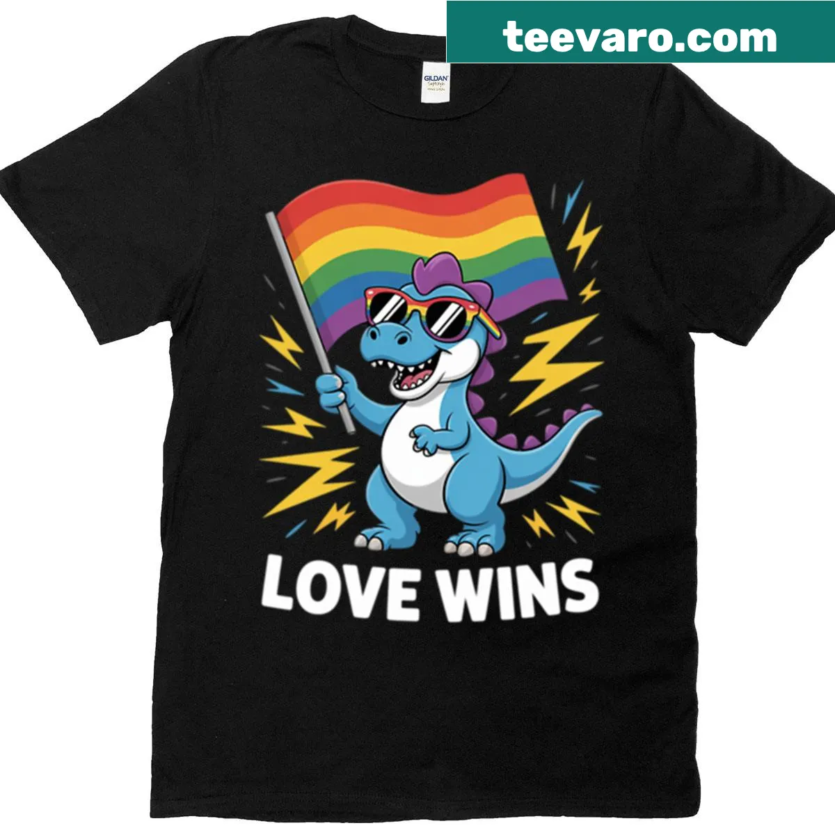 T-shirt featuring a cute dinosaur graphic promoting LGBTQIA pride — on a men's t-shirt
