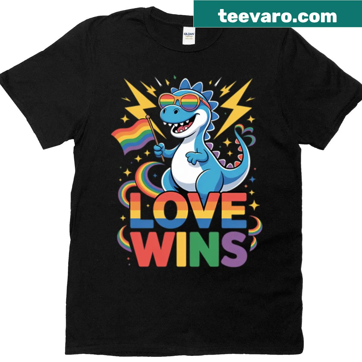 Cartoon dinosaur with rainbow colors for LGBTQIA pride — on a men's t-shirt