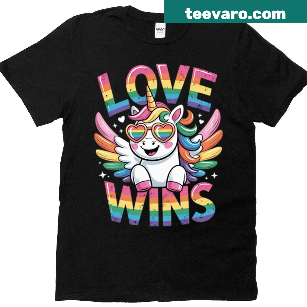 Cute unicorn graphic T-shirt for LGBTQIA Pride Month — on a men's t-shirt