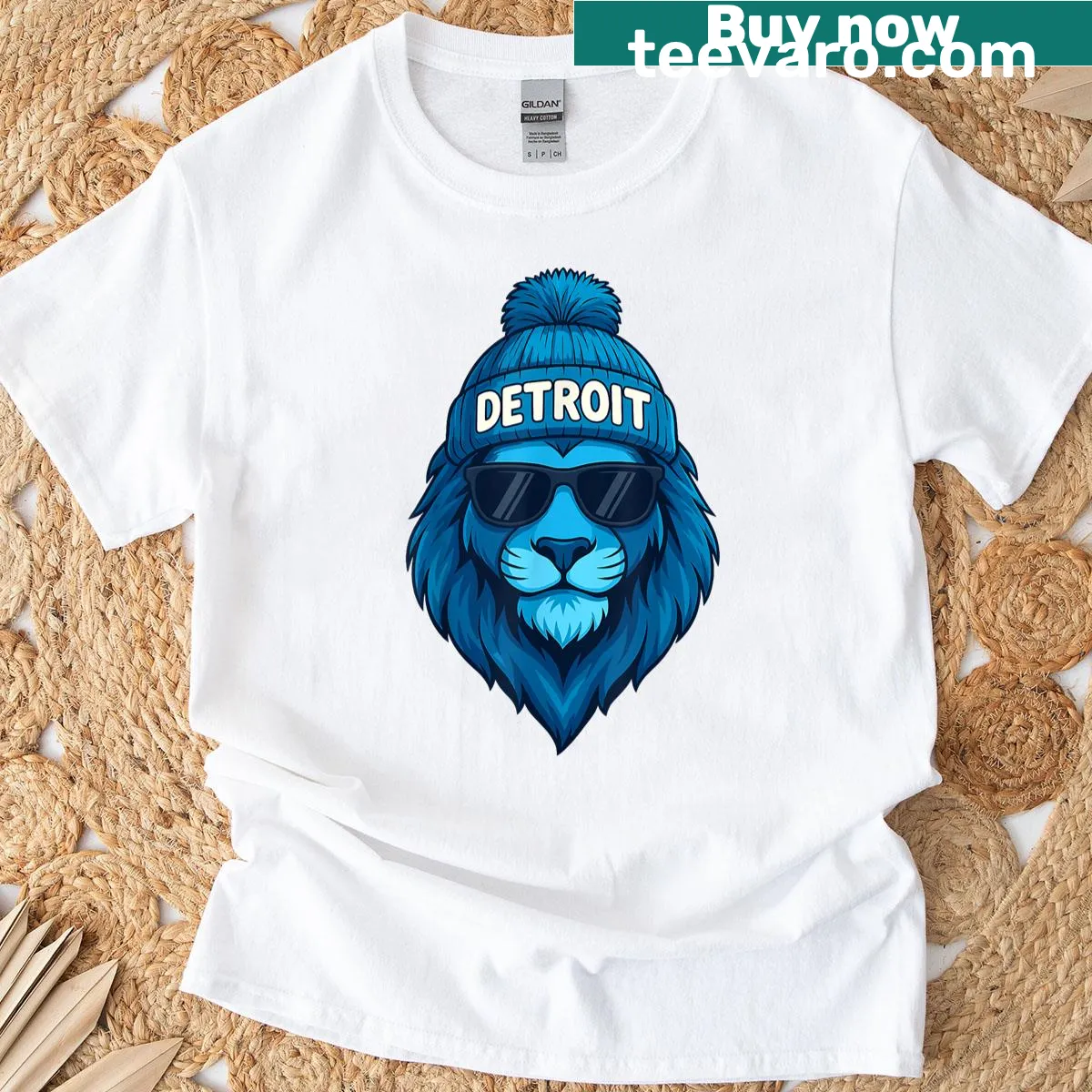 Lion wearing a hat and sunglasses graphic T-shirt — on a men's t-shirt