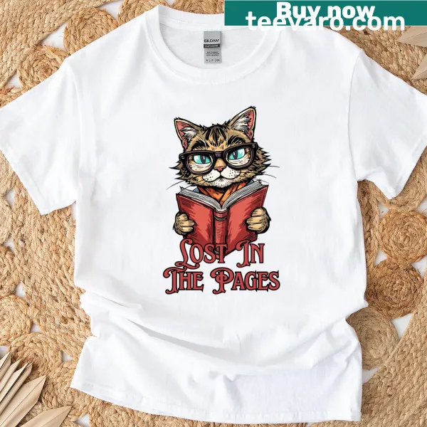 Cute t-shirt featuring a cartoon cat and books for book lovers