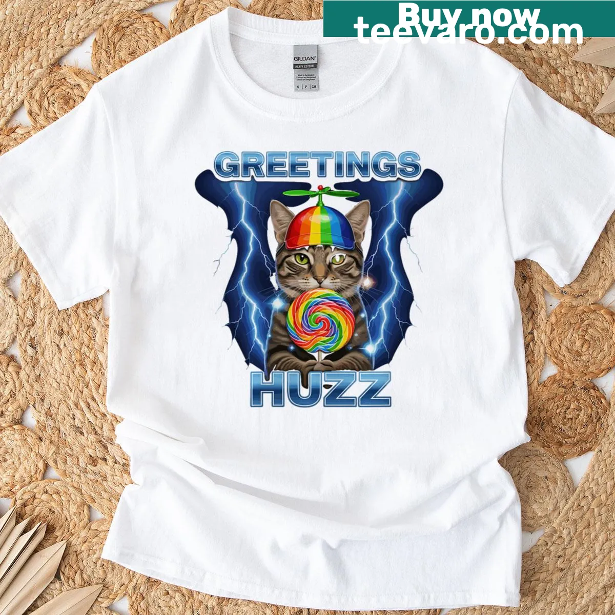 Funny T-shirt featuring a lollipop cat meme saying 'Huzz!' — on a men's t-shirt