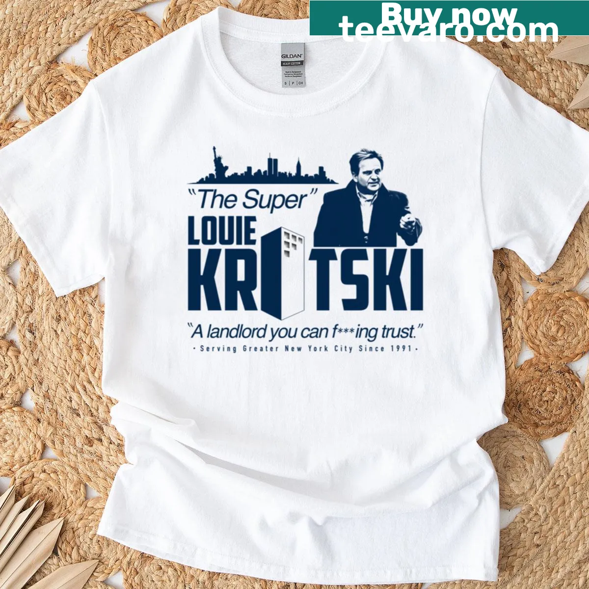 Graphic t-shirt celebrating Louie Kritski character from The Super Movie. — on a men's t-shirt