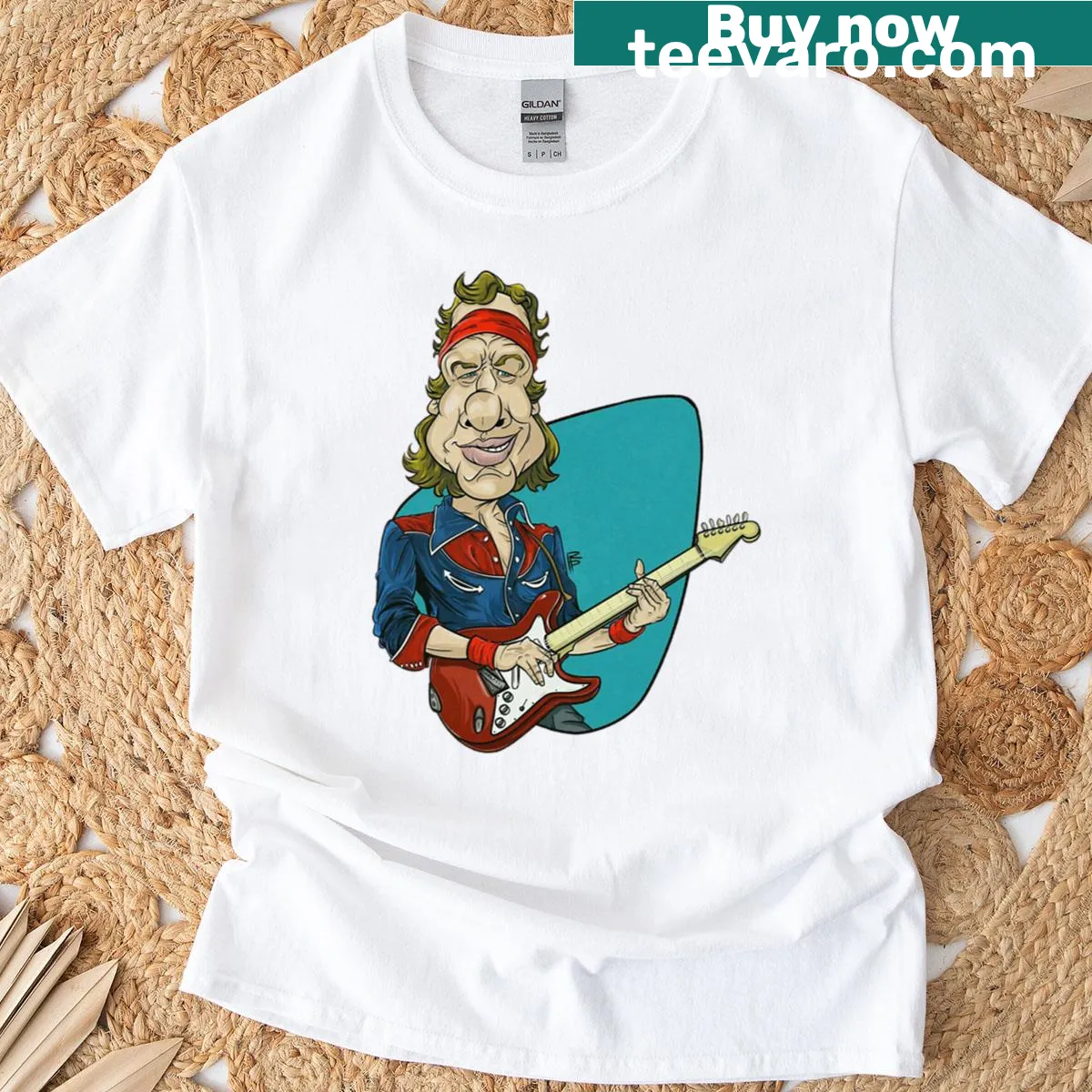 Tribute t-shirt featuring Mark Knopfler's iconic imagery — on a men's t-shirt