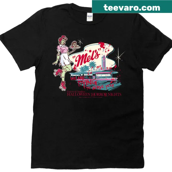Zombie carhop illustration on a playful T-shirt for horror fans.
