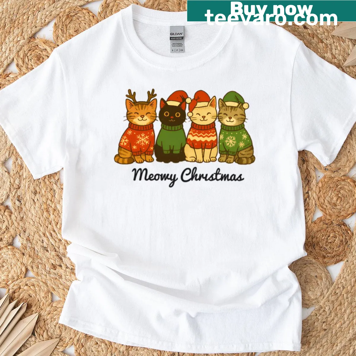 Cute T-shirt featuring cats with 'Meowy Christmas' text. — on a men's t-shirt
