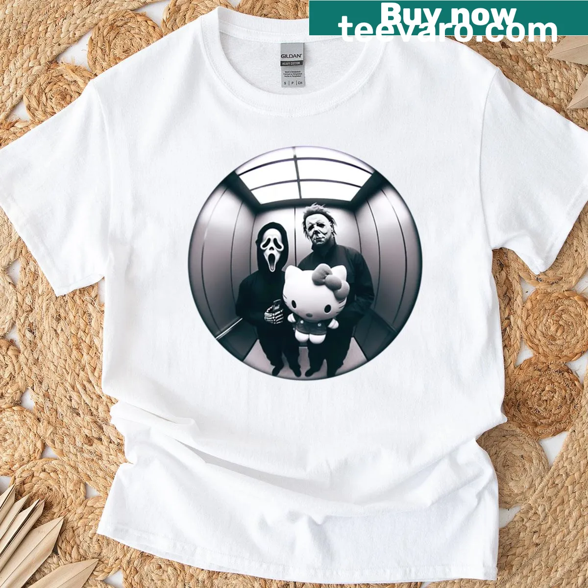 Ghostface character with a cute cat on a t-shirt — on a men's t-shirt