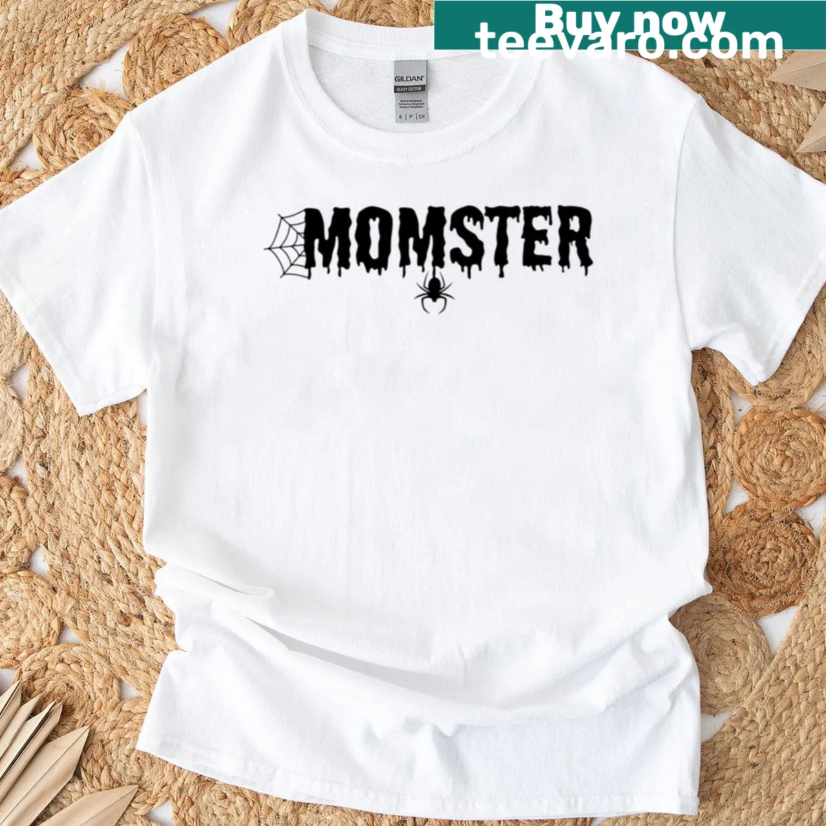 Cute Halloween T-shirt featuring a Momster and spider web design — on a men's t-shirt