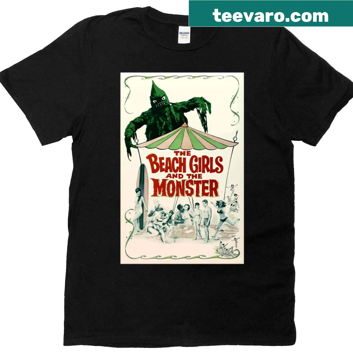 Playful monster graphic on beach t-shirt — on a men's t-shirt