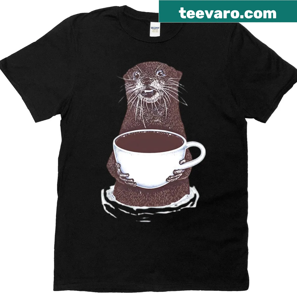 Cute otter enjoying coffee graphic T-shirt — on a men's t-shirt