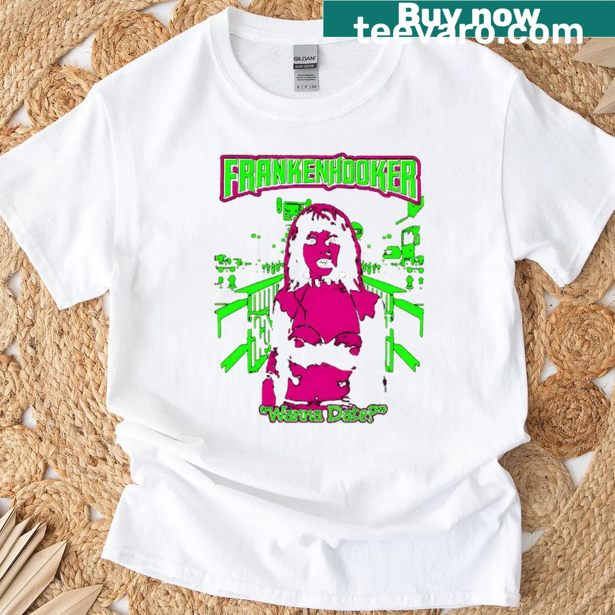 Pop-art style T-shirt featuring horror comedy elements for Halloween. — on a men's t-shirt