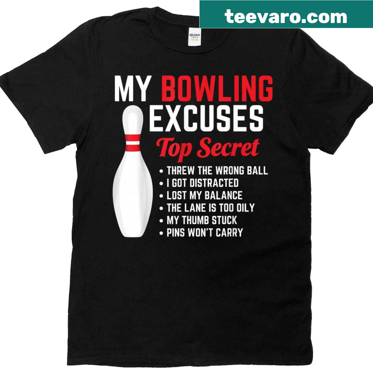 Funny bowling excuses graphic T-shirt — on a men's t-shirt