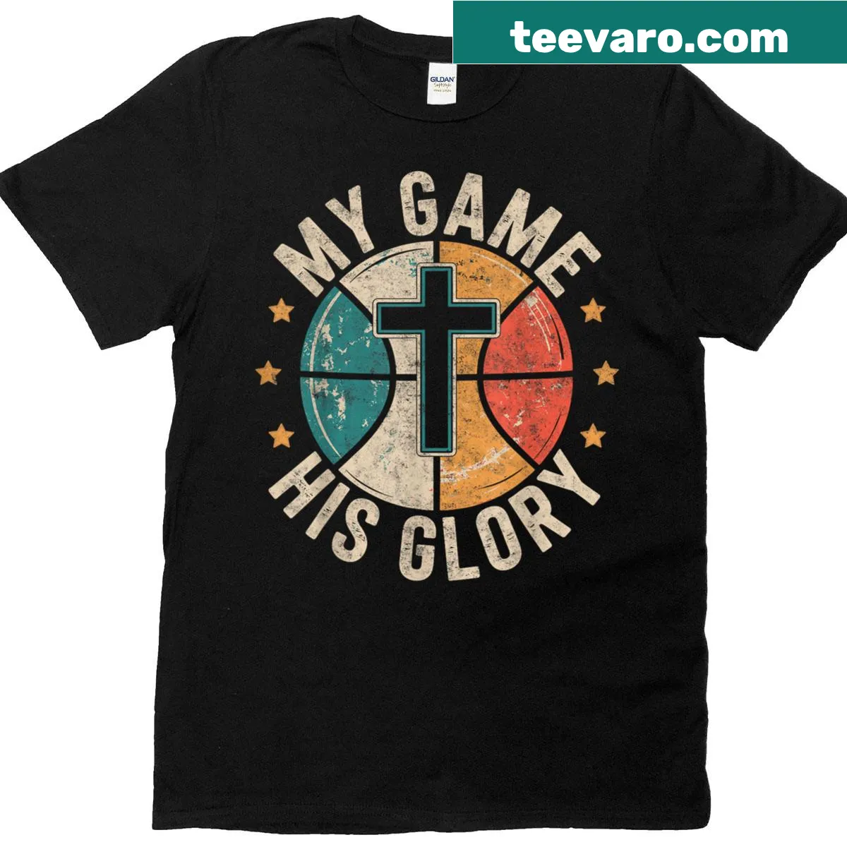 Inspirational Christian Basketball t-shirt with text 'My Game His Glory' — on a men's t-shirt