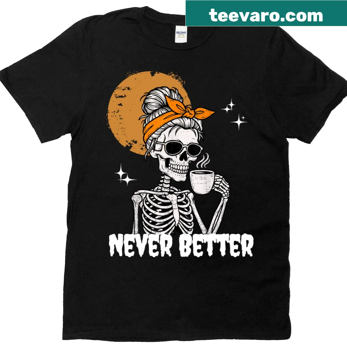 Retro skeleton woman with coffee Halloween t-shirt — on a men's t-shirt