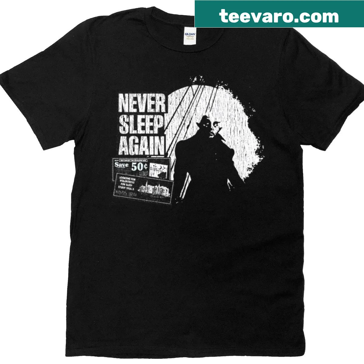 Stylish streetwear t-shirt with 'Never Sleep Again' text — on a men's t-shirt