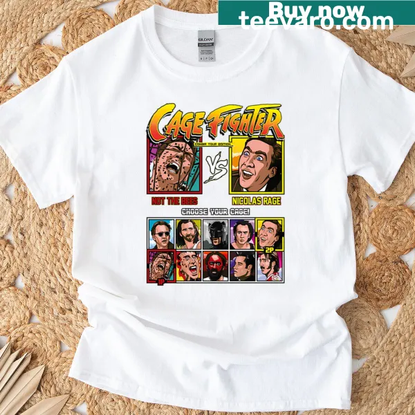 Cartoon illustration of Nicolas Cage as a fighter on a playful T-shirt