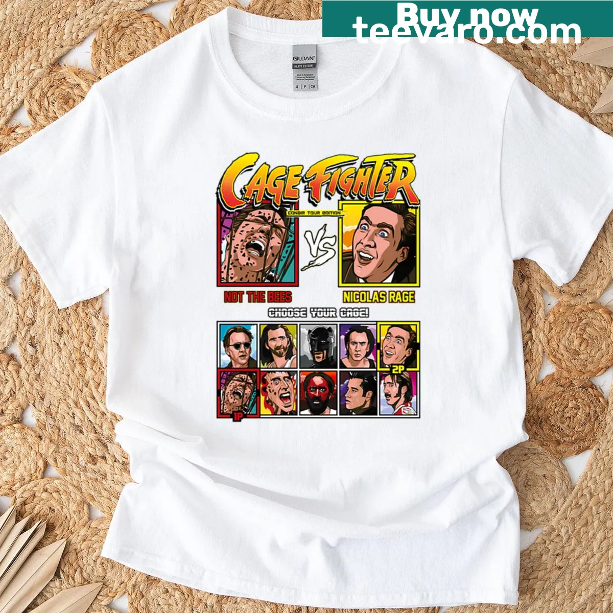 Cartoon illustration of Nicolas Cage as a fighter on a playful T-shirt — on a men's t-shirt