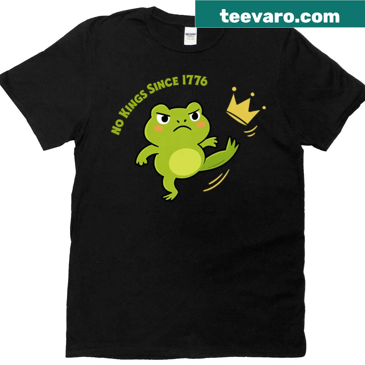 Provocative t-shirt with 'No King Frog - No Kings In America' text — on a men's t-shirt