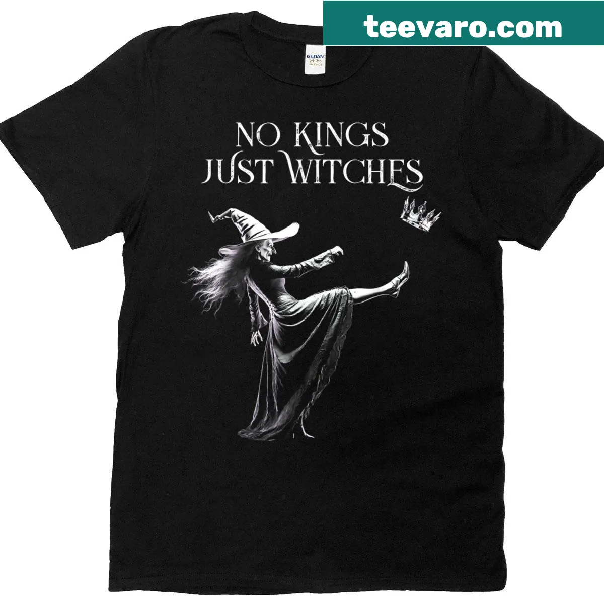 No Kings Just Witches Halloween graphic t-shirt — on a men's t-shirt