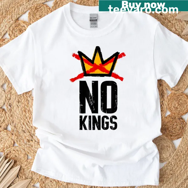 Bold T-shirt featuring the phrase 'No Kings' in striking text