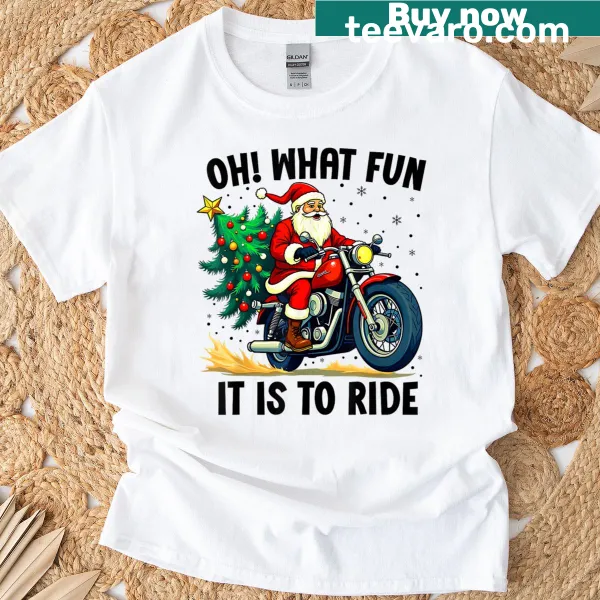 Whimsical T-shirt featuring biker Santa riding a motorcycle for Christmas.