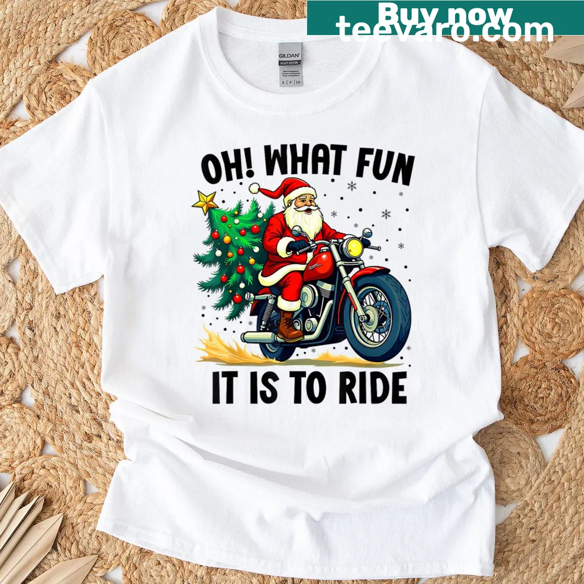 Whimsical T-shirt featuring biker Santa riding a motorcycle for Christmas. — on a men's t-shirt