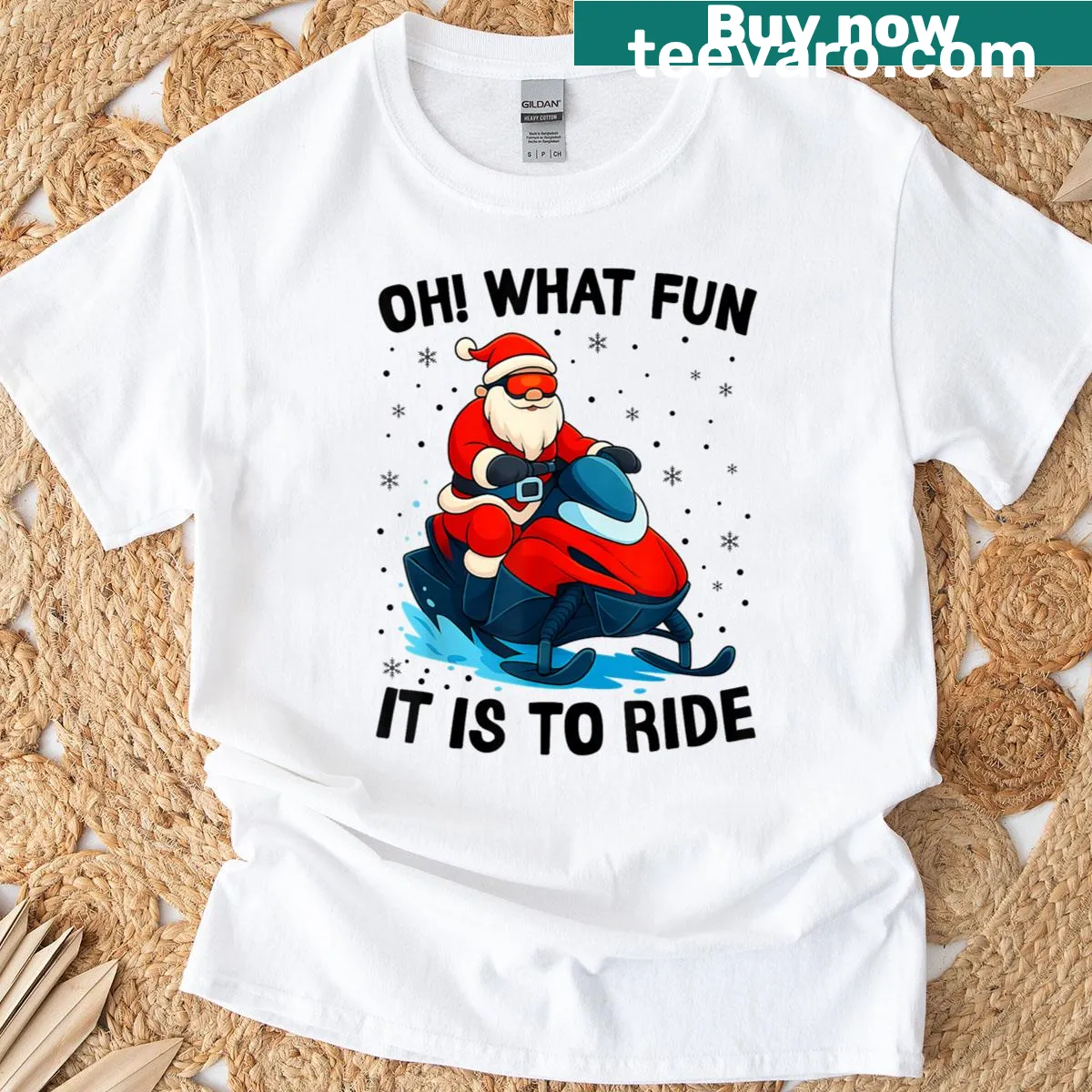 Santa riding a snowmobile design on a Christmas T-shirt — on a men's t-shirt