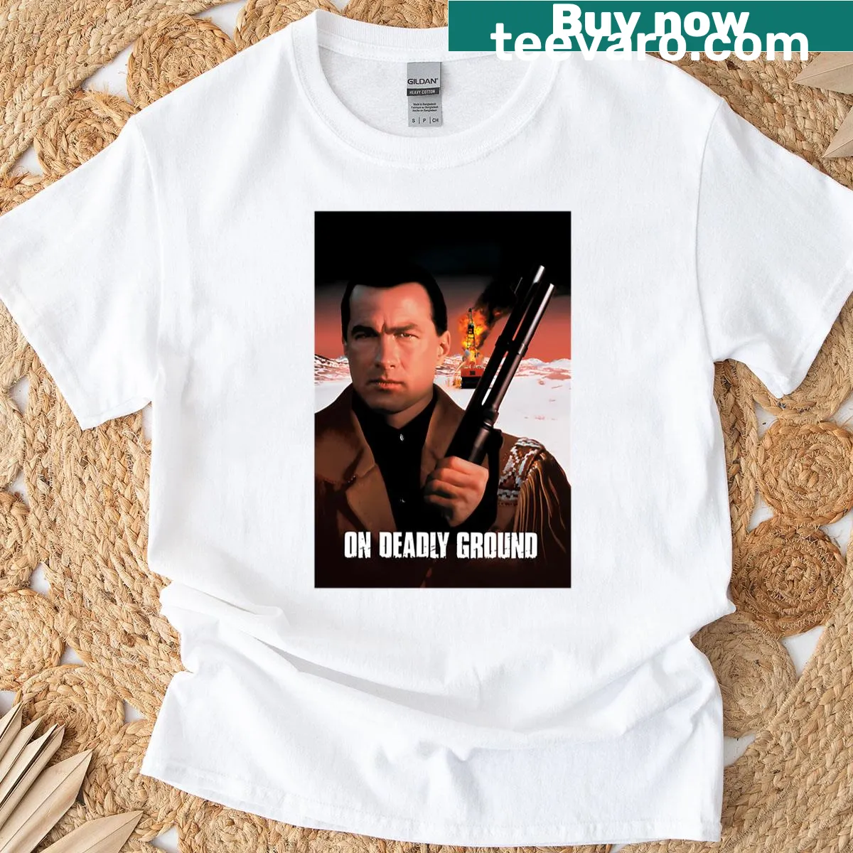 Action movie themed T-shirt design — on a men's t-shirt