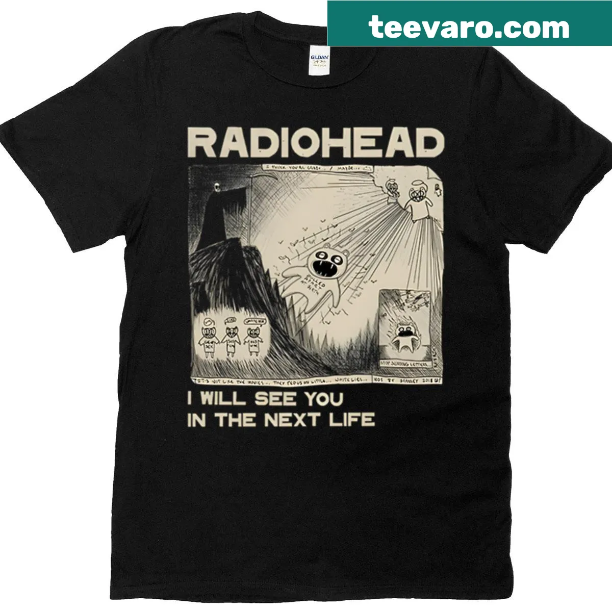 Graphic T-shirt featuring artistic design inspired by Radiohead — on a men's t-shirt