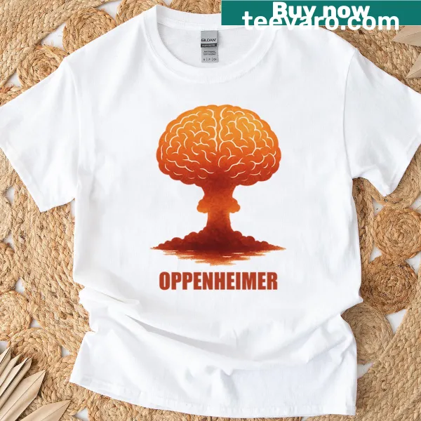 Minimal Oppenheimer brain cloud design on a T-shirt