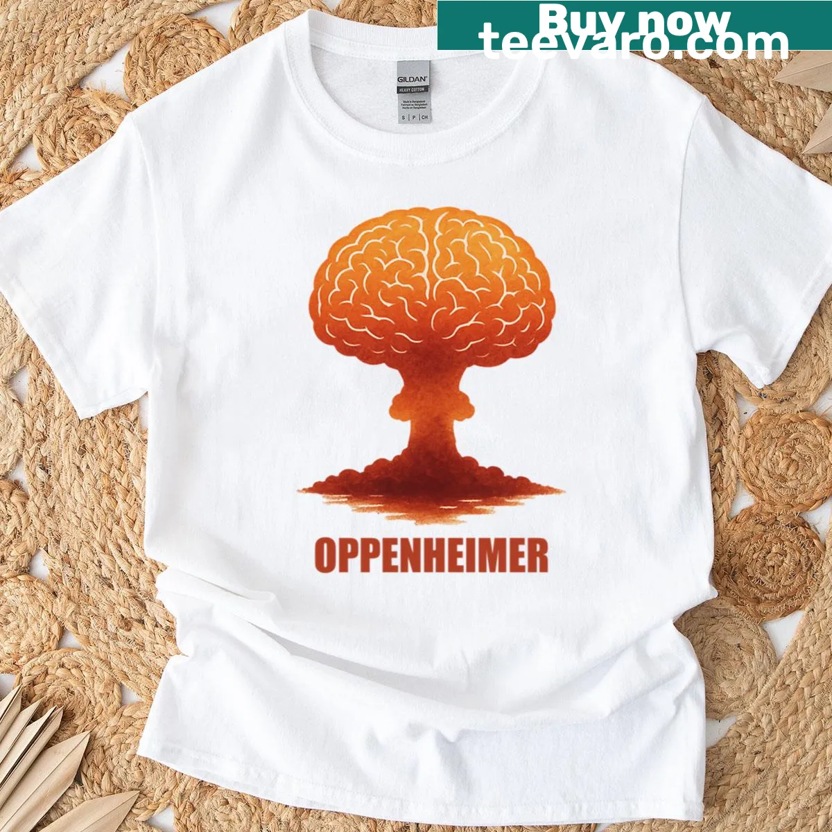 Minimal Oppenheimer brain cloud design on a T-shirt — on a men's t-shirt