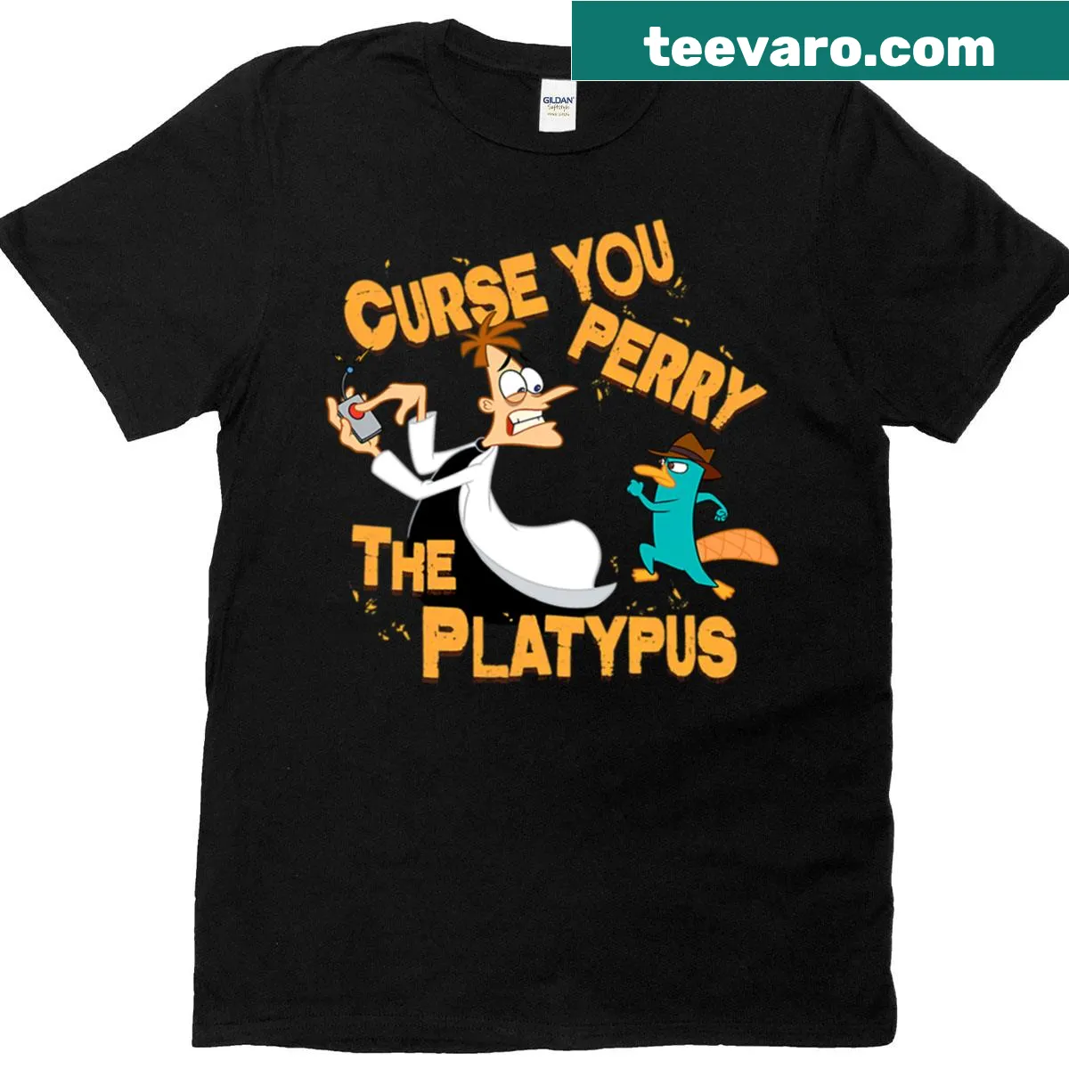 Phineas and Ferb T-shirt featuring playful characters from the show — on a men's t-shirt