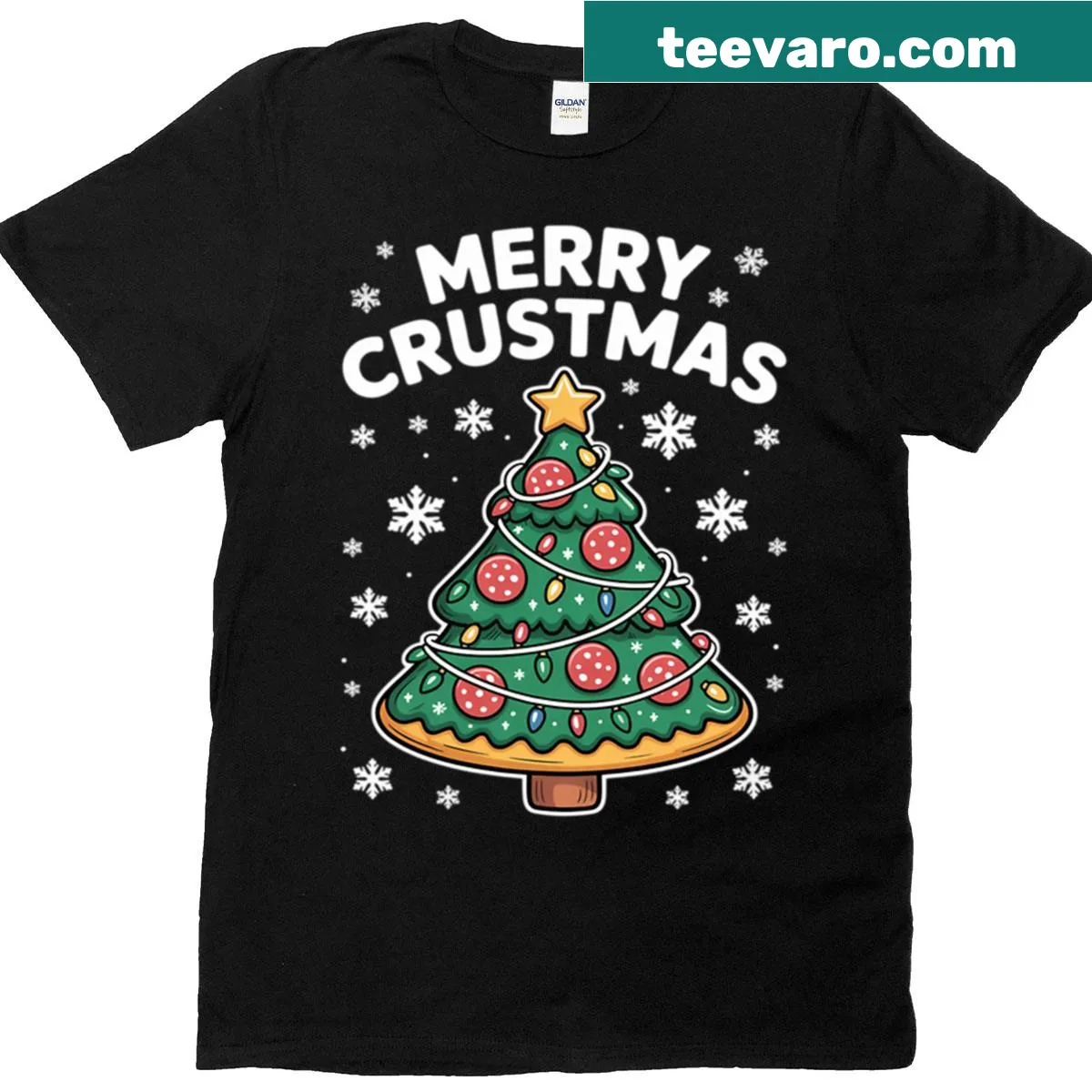 Pizza slice designed as a Christmas tree graphic — on a men's t-shirt