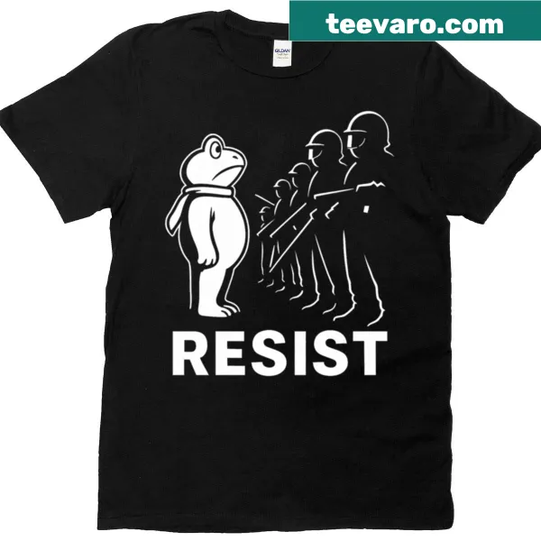 Whimsical frog illustration on a protest-themed T-shirt