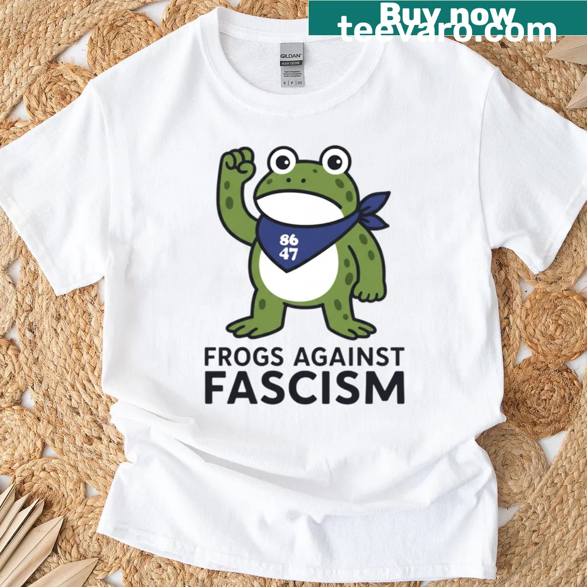 Playful frog against fascism graphic on T-shirt — on a men's t-shirt