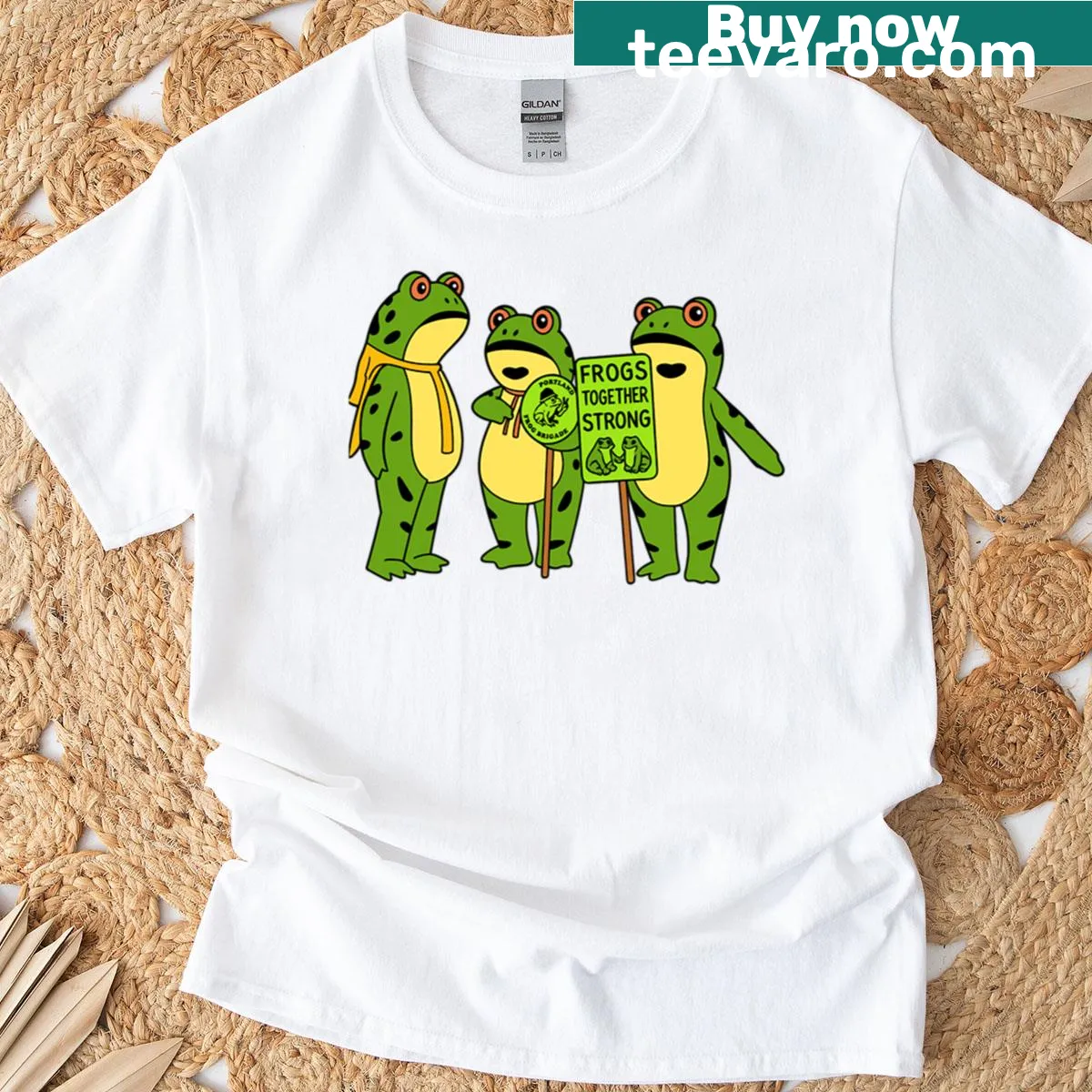 Illustrated t-shirt of Portland Frog Brigade with frogs united in protest — on a men's t-shirt