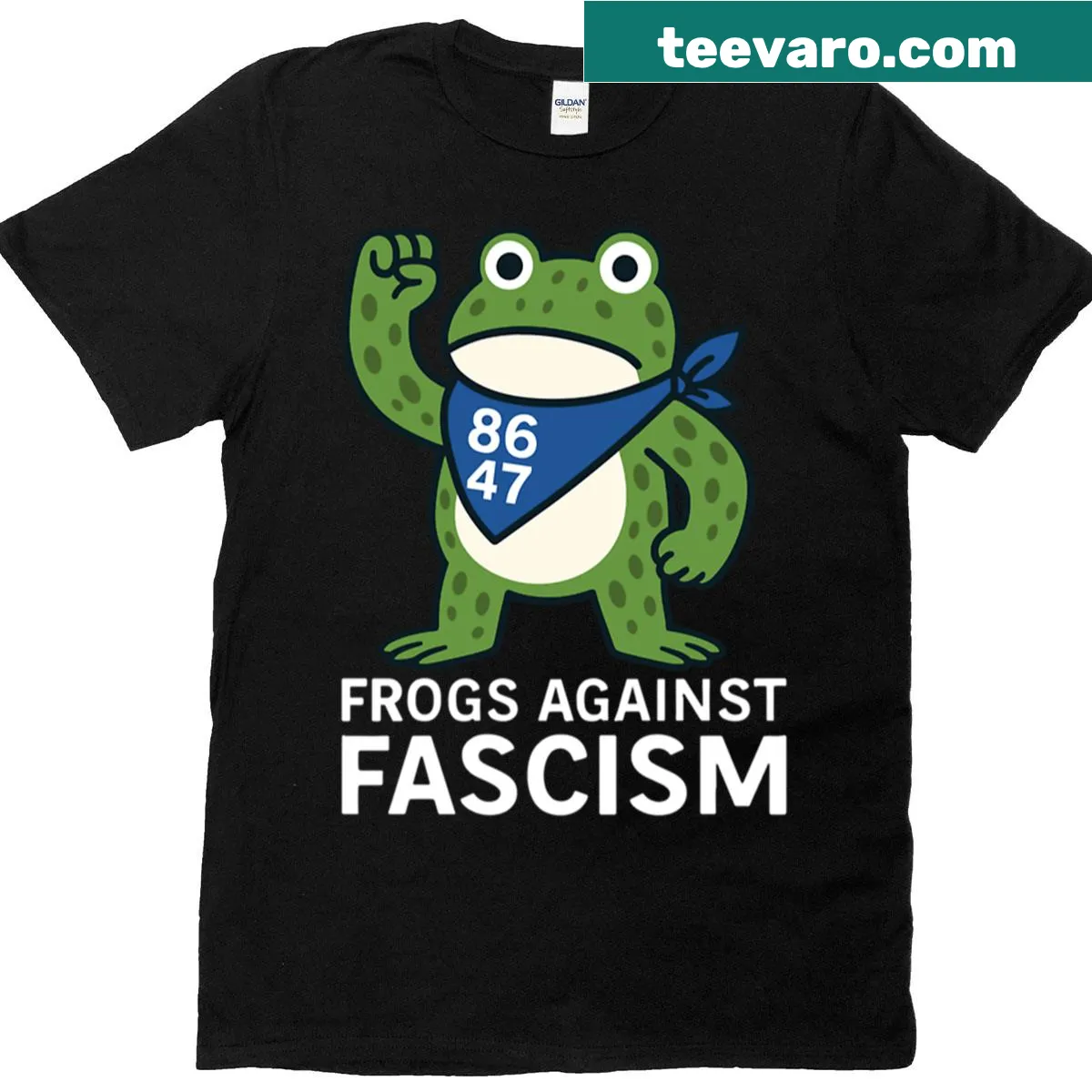 Illustration of a frog with text 'Frogs Against Fascism' — on a men's t-shirt