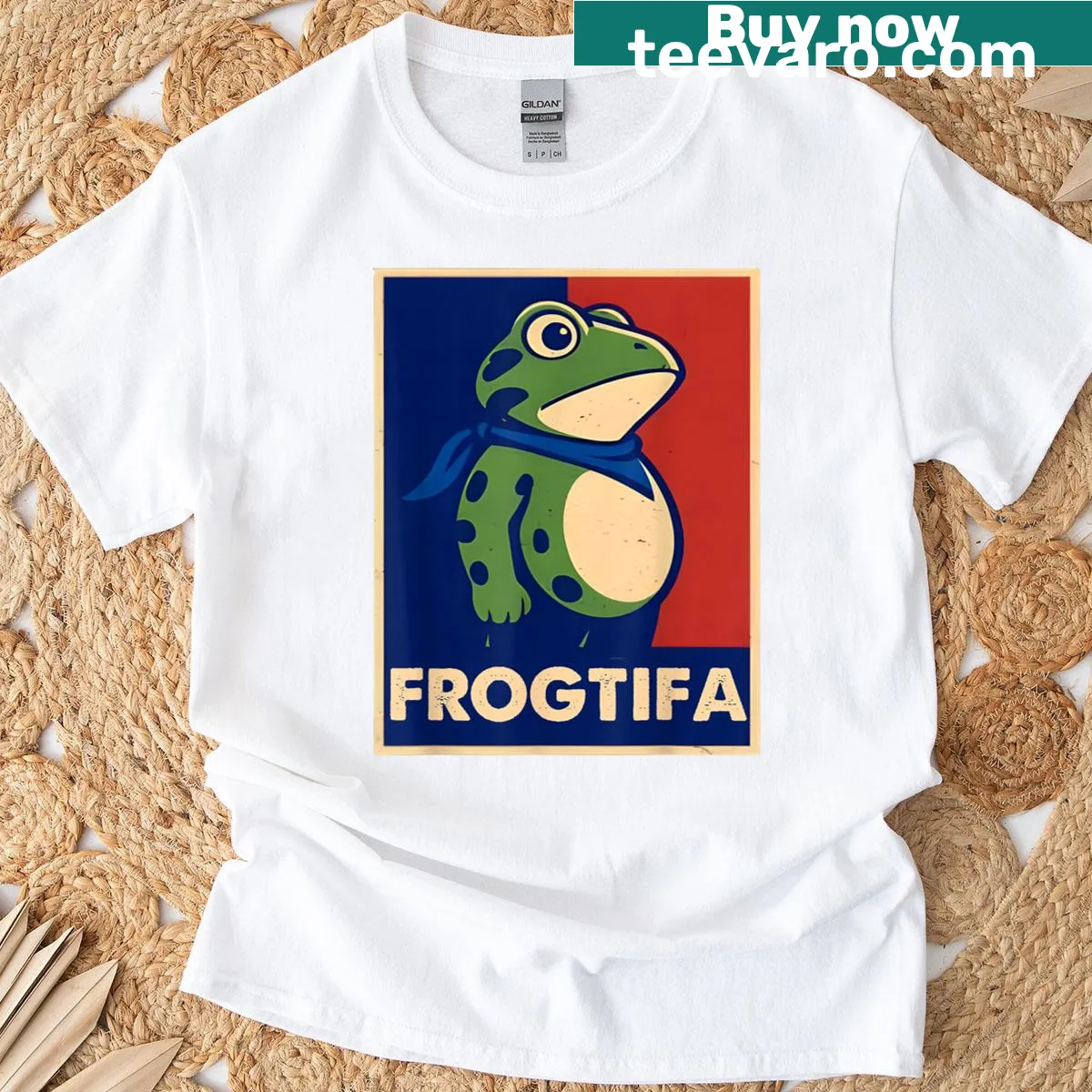 Funny retro frog meme T-shirt with Frogtifa design — on a men's t-shirt